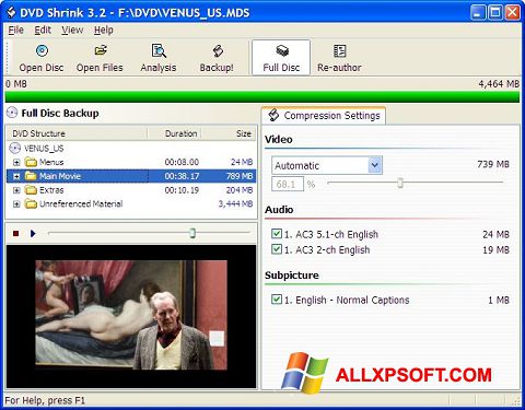 Petikan skrin DVD Shrink untuk Windows XP