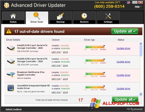 Petikan skrin Advanced Driver Updater untuk Windows XP