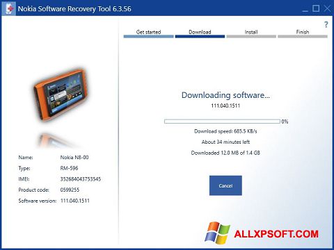 Petikan skrin Nokia Software Recovery Tool untuk Windows XP