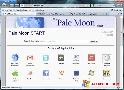 Petikan skrin Pale Moon untuk Windows XP