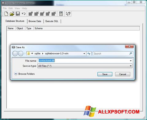 Petikan skrin SQLite Database Browser untuk Windows XP