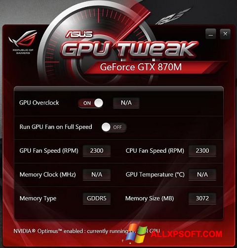 Petikan skrin ASUS GPU Tweak untuk Windows XP