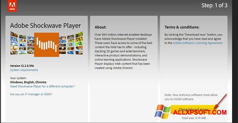Petikan skrin Adobe Shockwave Player untuk Windows XP