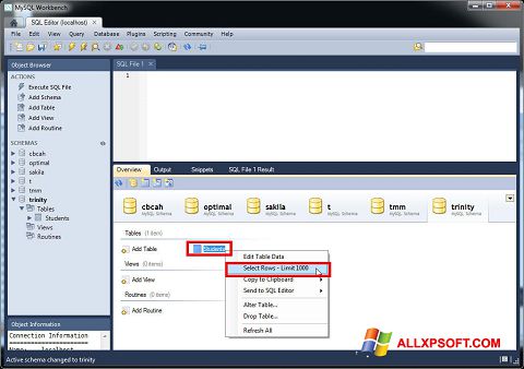 Petikan skrin MySQL Workbench untuk Windows XP