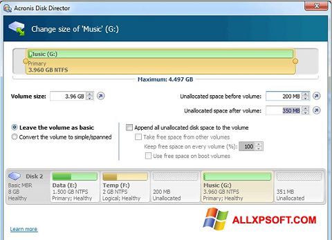 Petikan skrin Acronis Disk Director untuk Windows XP