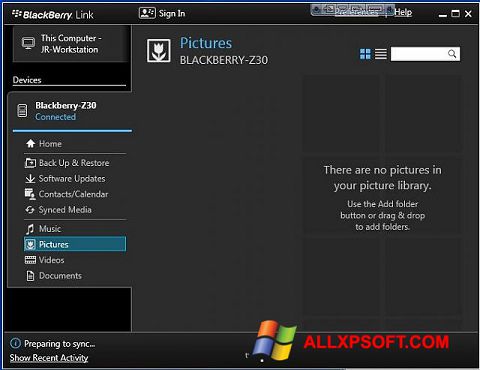 Petikan skrin BlackBerry Link untuk Windows XP