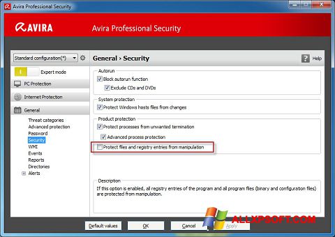 Petikan skrin Avira Professional Security untuk Windows XP