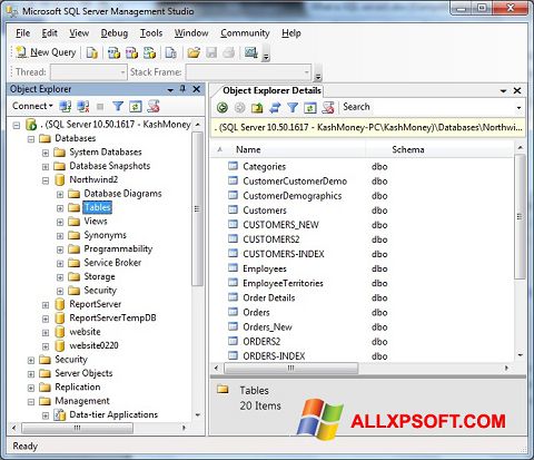 Petikan skrin Microsoft SQL Server untuk Windows XP