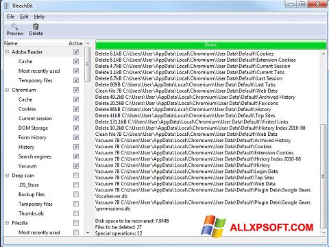 Petikan skrin BleachBit untuk Windows XP