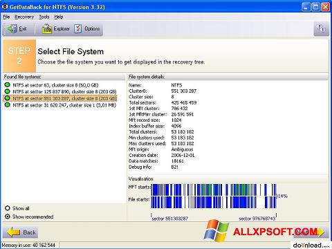 Petikan skrin GetDataBack untuk Windows XP