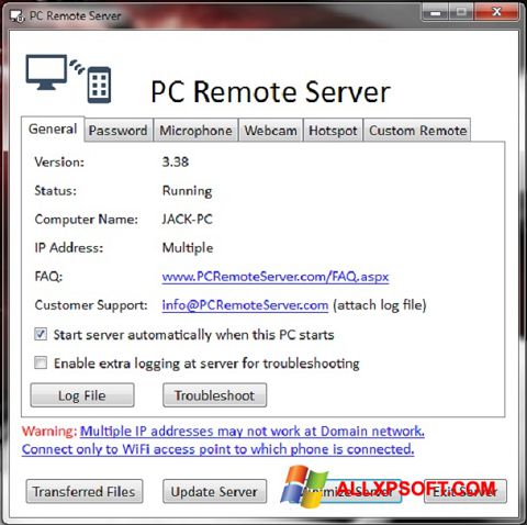 Petikan skrin PC Remote Server untuk Windows XP