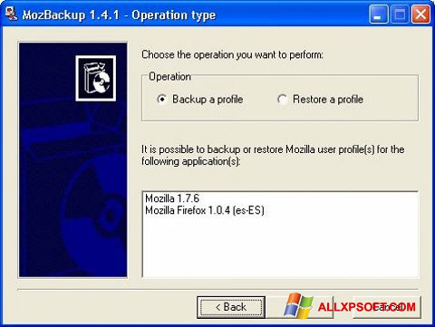 Petikan skrin MozBackup untuk Windows XP