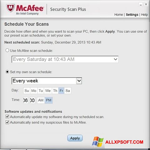 Petikan skrin McAfee Security Scan Plus untuk Windows XP