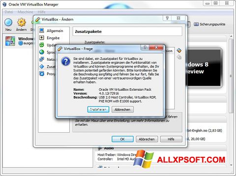 Petikan skrin Oracle VM VirtualBox Extension Pack untuk Windows XP