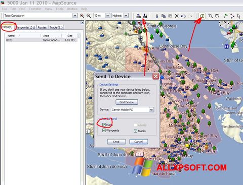 Petikan skrin MapSource untuk Windows XP