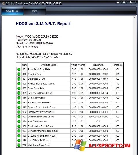 Petikan skrin HDDScan untuk Windows XP
