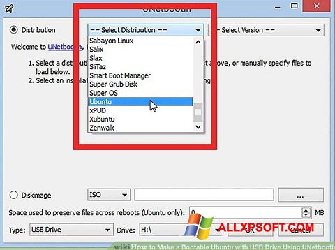 Petikan skrin UNetbootin untuk Windows XP