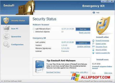 Petikan skrin Emsisoft Emergency Kit untuk Windows XP