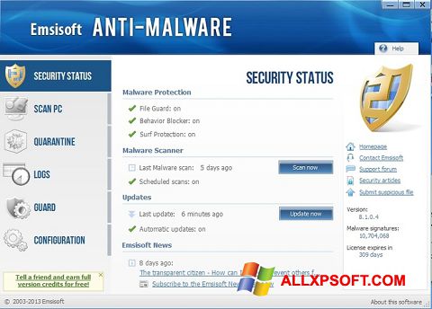 Petikan skrin Emsisoft Anti-Malware untuk Windows XP