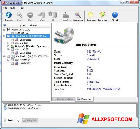 Petikan skrin Active KillDisk untuk Windows XP