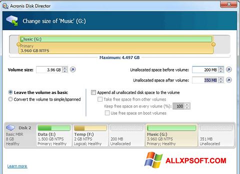 Petikan skrin Acronis Disk Director Suite untuk Windows XP