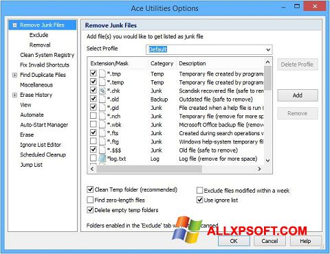Petikan skrin Ace Utilities untuk Windows XP