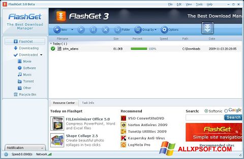 Petikan skrin FlashGet untuk Windows XP