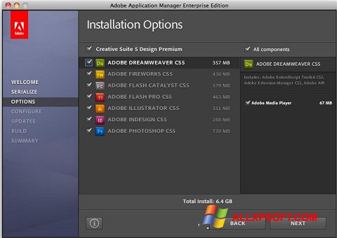 Petikan skrin Adobe Application Manager untuk Windows XP