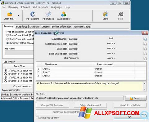 Petikan skrin Advanced Office Password Recovery untuk Windows XP