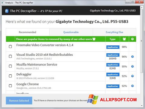Petikan skrin PC Decrapifier untuk Windows XP