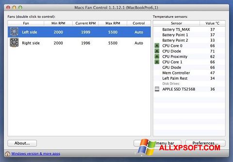 Petikan skrin Macs Fan Control untuk Windows XP