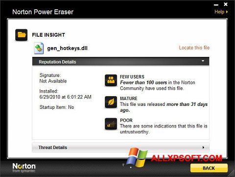 Petikan skrin Norton Power Eraser untuk Windows XP