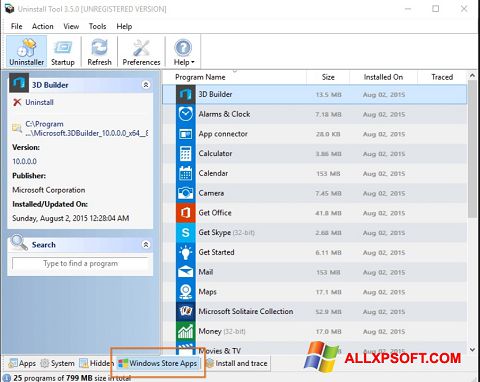 Petikan skrin Uninstall Tool untuk Windows XP