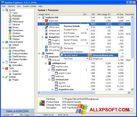 Petikan skrin System Explorer untuk Windows XP