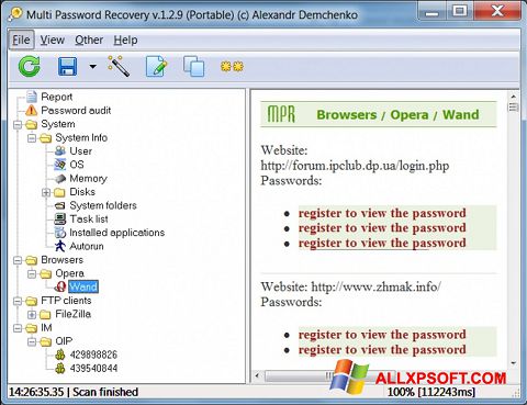 Petikan skrin Multi Password Recovery untuk Windows XP