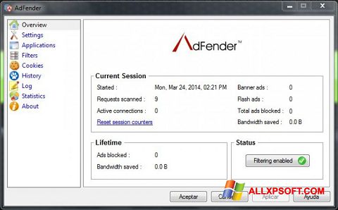 Petikan skrin AdFender untuk Windows XP