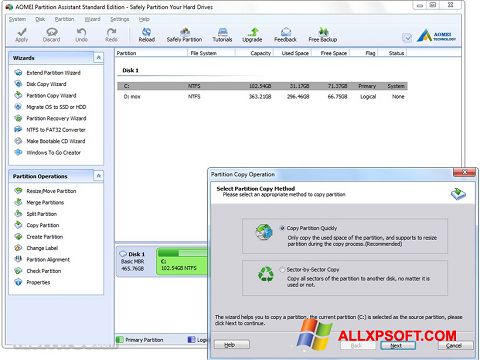 Petikan skrin AOMEI Partition Assistant untuk Windows XP