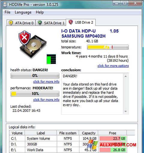 Petikan skrin HDDlife untuk Windows XP