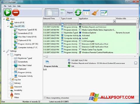 Petikan skrin Keylogger untuk Windows XP