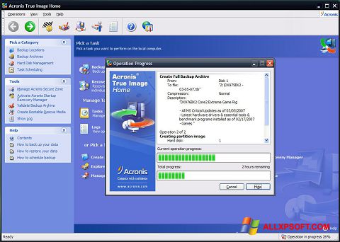 Petikan skrin Acronis True Image untuk Windows XP