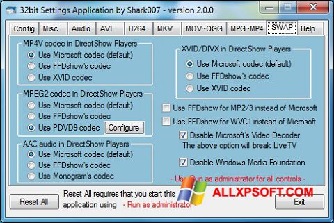 Petikan skrin ADVANCED Codecs untuk Windows XP