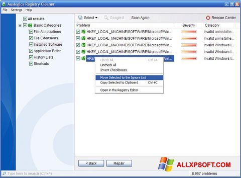 Petikan skrin Auslogics Registry Cleaner untuk Windows XP