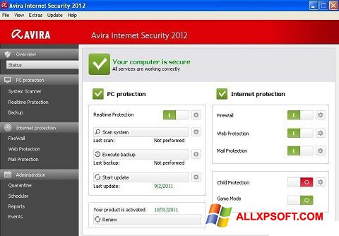 Petikan skrin Avira Internet Security untuk Windows XP