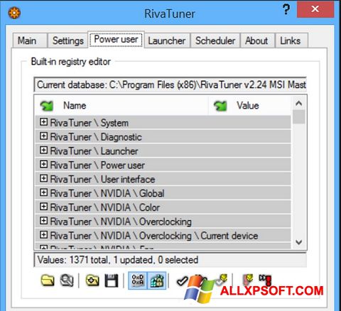 Petikan skrin RivaTuner untuk Windows XP