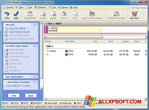 Petikan skrin EASEUS Partition Master untuk Windows XP