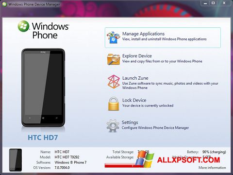 Petikan skrin Windows Phone Device Manager untuk Windows XP