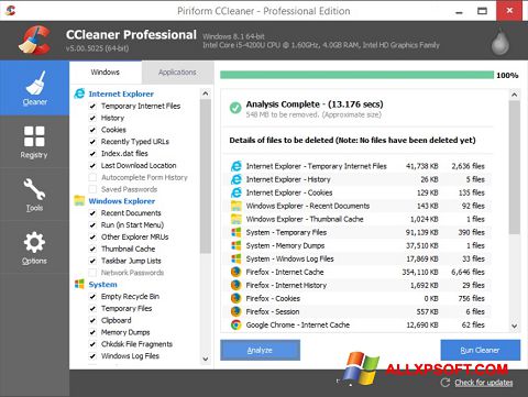 Petikan skrin CCleaner untuk Windows XP