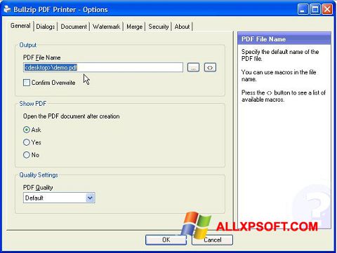 Petikan skrin BullZip PDF Printer untuk Windows XP