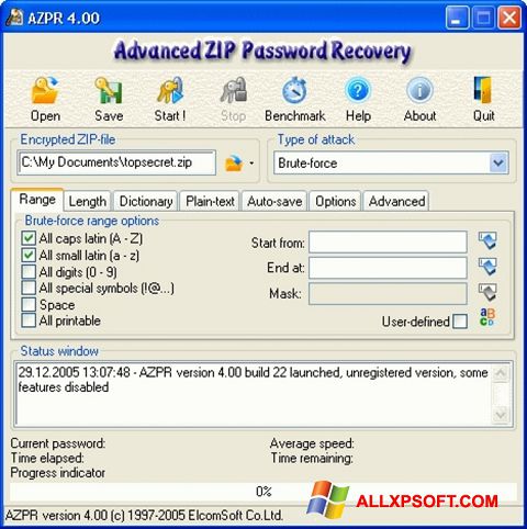 Petikan skrin Advanced Archive Password Recovery untuk Windows XP