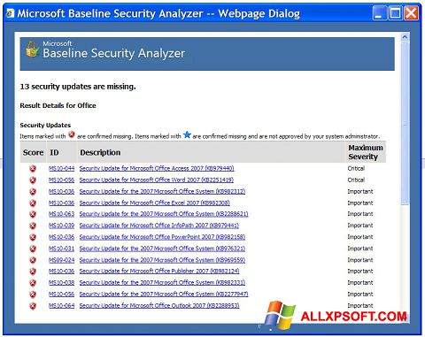 Petikan skrin Microsoft Baseline Security Analyzer untuk Windows XP